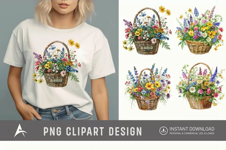 Watercolor Basket Of Flowers Clipart