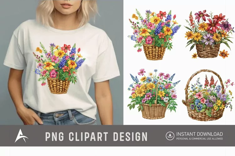 Watercolor Basket Of Flowers Clipart