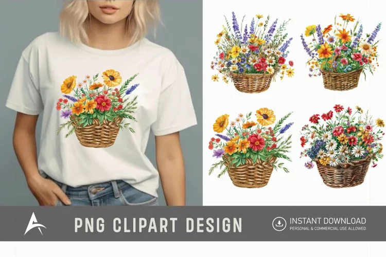 Watercolor Basket Of Flowers Clipart