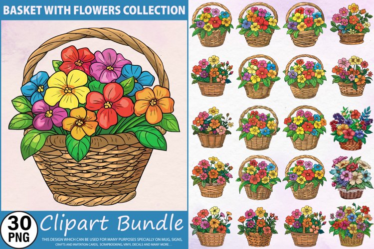 Watercolor Basket with Flowers Clipart Bundle