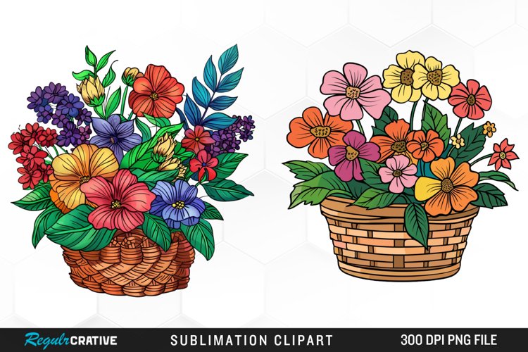 Watercolor Basket With Flowers Artwork Clipart