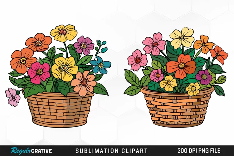 Watercolor Basket With Flowers Artwork Clipart