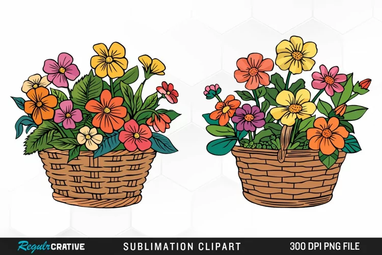 Watercolor Basket With Flowers Graphic Clipart