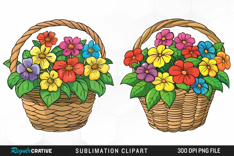 Watercolor Basket With Flowers Artwork Clipart