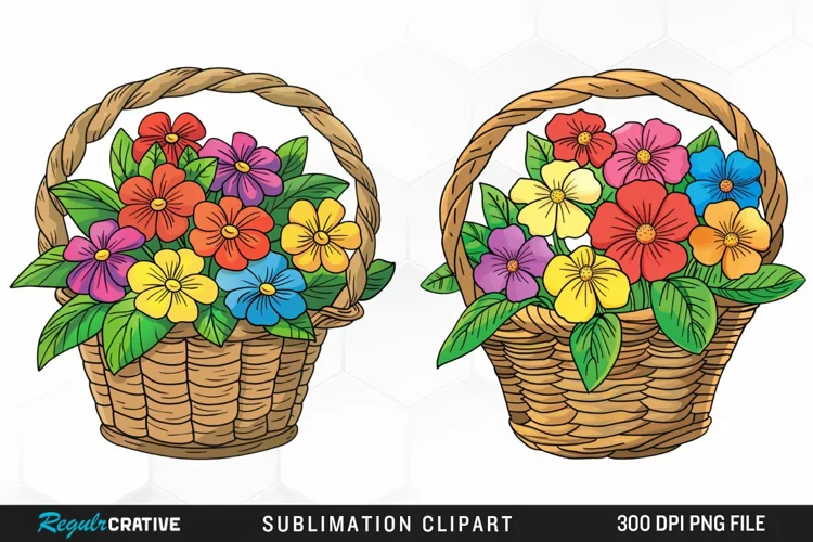 Watercolor Basket With Flowers Artwork Clipart