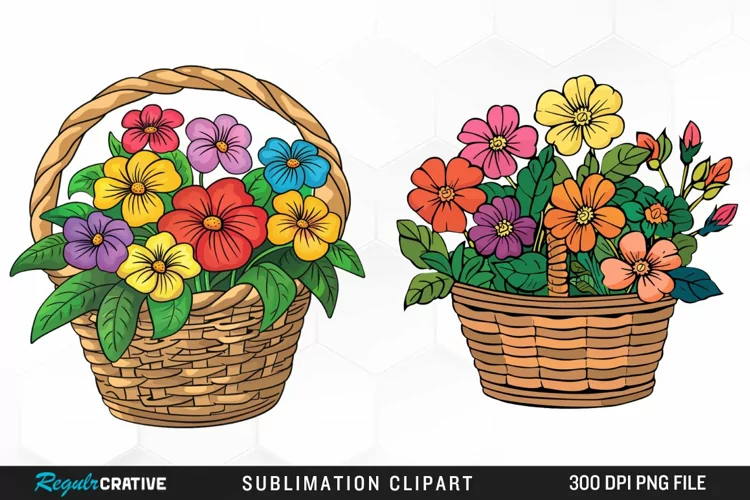 Watercolor Basket With Flowers Graphic Clipart