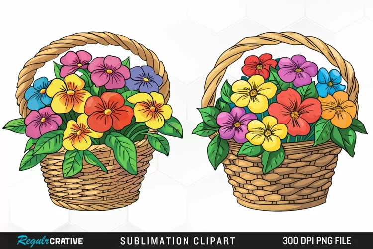 Watercolor Basket With Flowers Artwork Clipart