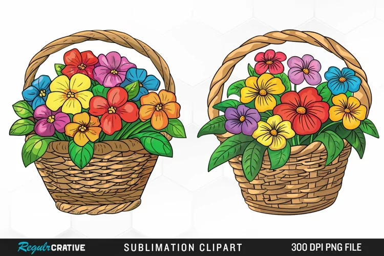Watercolor Basket With Flowers Graphic Clipart