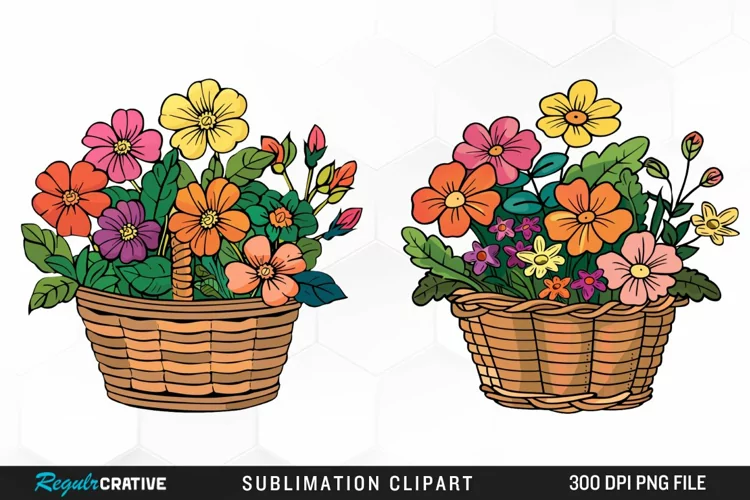 Watercolor Basket With Flowers Artwork Clipart