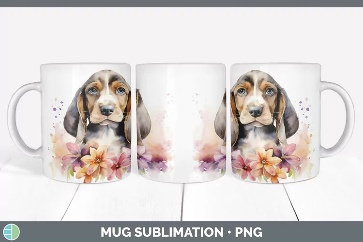 Watercolor Basset Hound Dog Mug Wrap | Sublimation Coffee Cu