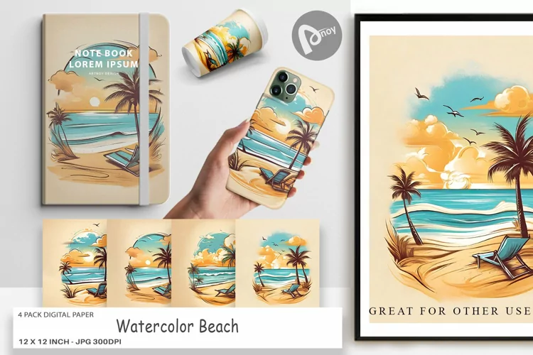 Digital Paper Watercolor Beach