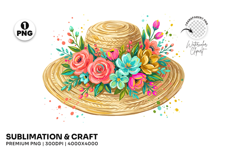 beach hat png, summer clipart, floral hat, watercolor png, tropical design, beach vacation, summer sublimation, fashion clipart, vacation png, coastal art