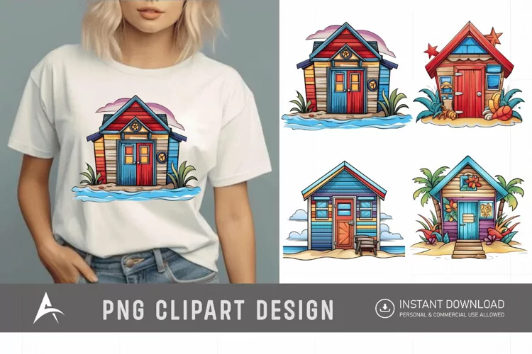 Watercolor Beach Huts Sublimation Clipart