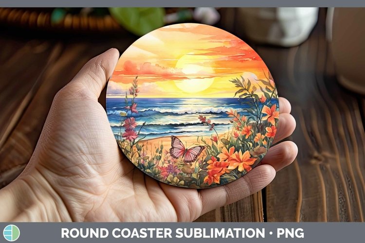Watercolor Beach Round Coaster | Sublimation Coaster Designs