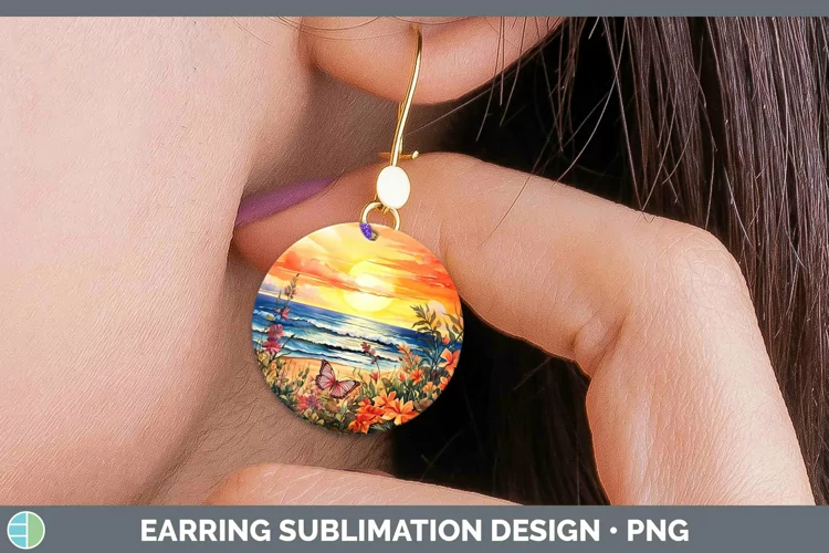 Watercolor Beach Round Earrings | Sublimation Earrings Desig