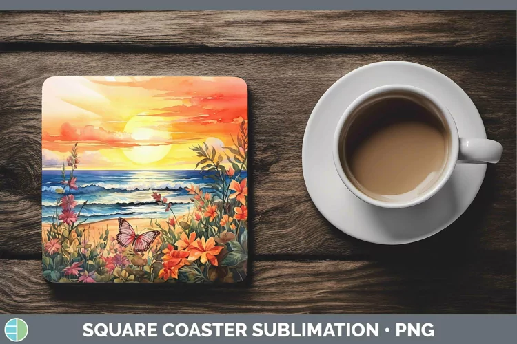 Watercolor Beach Square Coaster | Sublimation Coaster Design