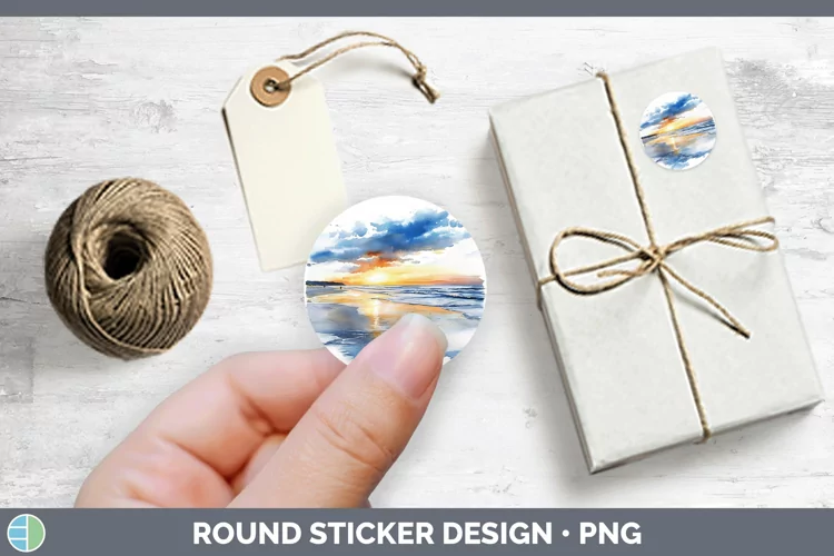 Watercolor Beach Stickers | Round Labels Designs