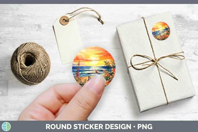 Watercolor Beach Stickers | Round Labels Designs