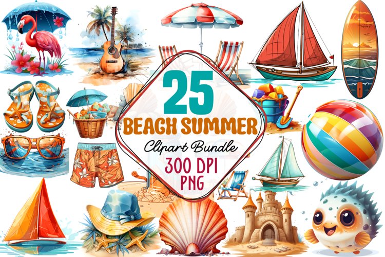 Watercolor Beach Summer Clipart Bundle, Watercolor Beach