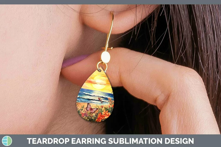 Watercolor Beach Teardrop Earrings Sublimation Earrings Desi