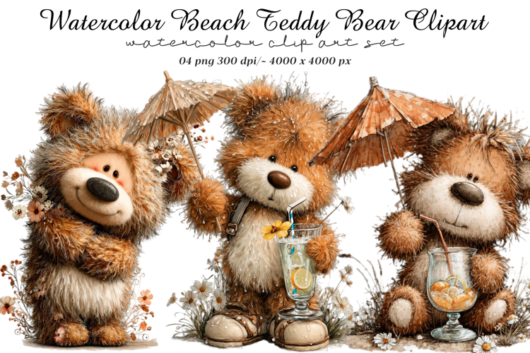 Watercolor Beach Teddy Bear Clipart