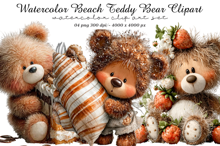 Watercolor Beach Teddy Bear Clipart