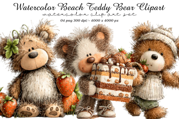 Watercolor Beach Teddy Bear Clipart