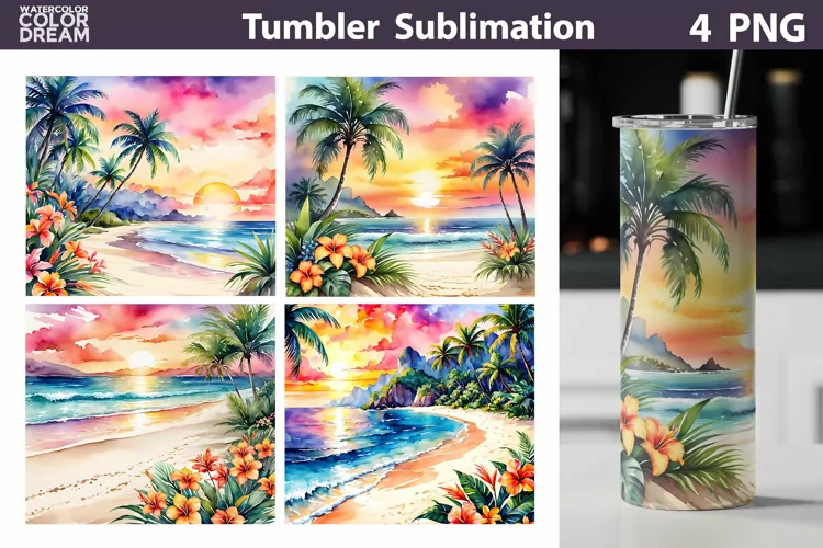 Tropical Beach Tumbler | Watercolor Beach Sunset Tumbler