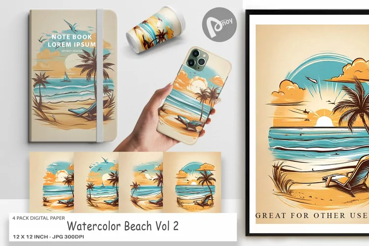 Digital Paper Watercolor Beach
