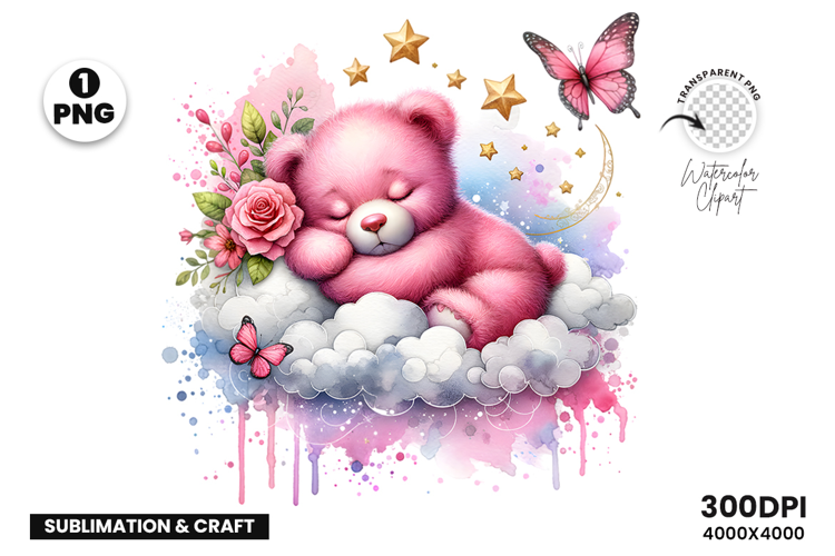 Watercolor Bear Cloud Clipart Sublimation PNG