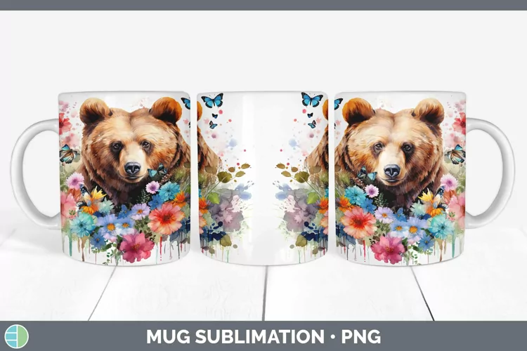 Watercolor Bear Mug Wrap | Sublimation Coffee Cup Designs