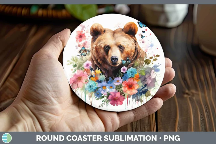 Watercolor Bear Round Coaster | Sublimation Coaster Designs
