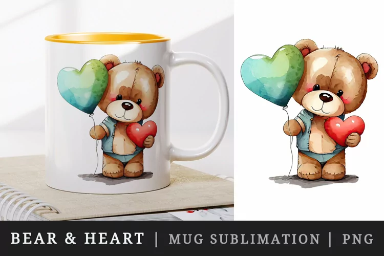 Cute bear & heart mug, coffee cup wrap sublimation design