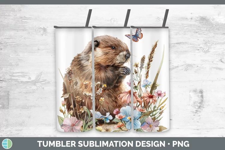 Watercolor Beaver Tumbler Sublimation 20 oz Skinny Tumbler D