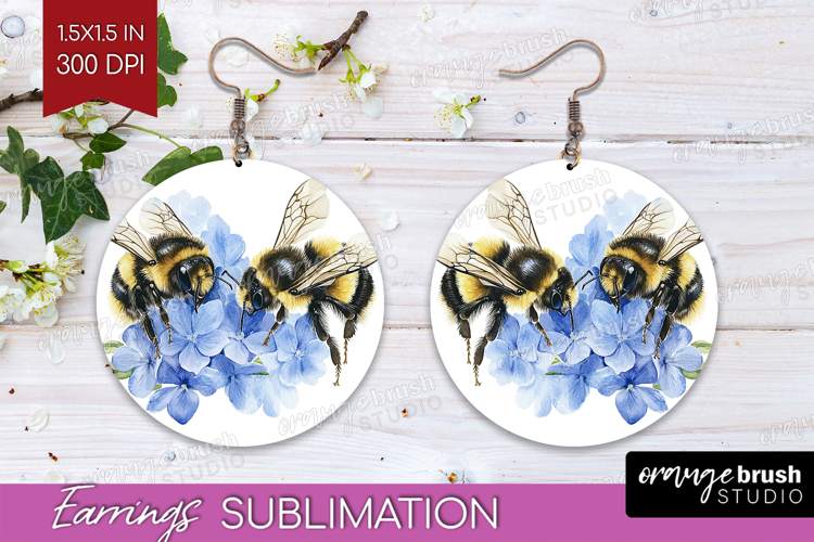Bee Round Earrings - Watercolor Bee PNG Sublimation