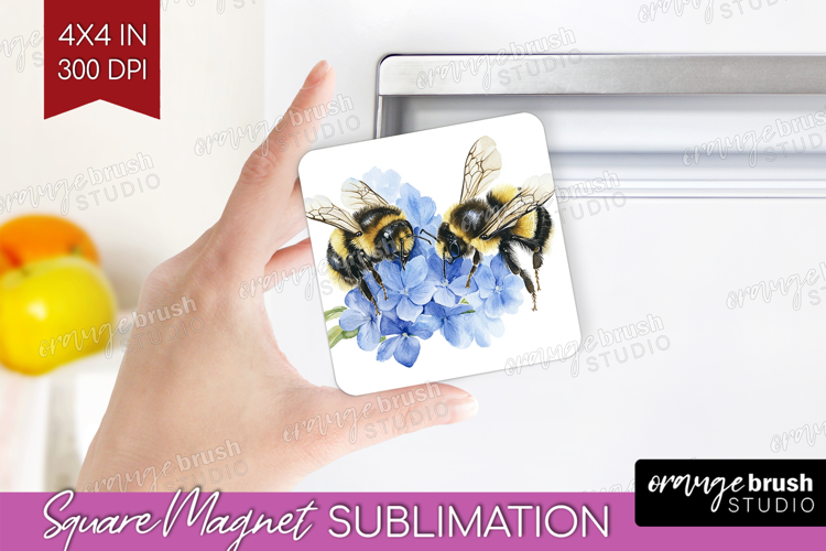Bee Magnet Sublimation - Watercolor Bee Square Magnet PNG