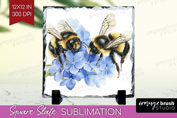 Bee Slate PNG - Watercolor Bee Square Slate Sublimation