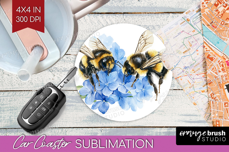 Bee Car Coaster - Watercolor Bee Coaster PNG Sublimation
