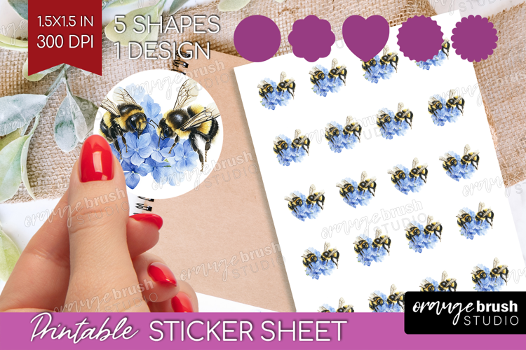 Bee Round Sticker - Watercolor Bee Printable Sticker Sheet