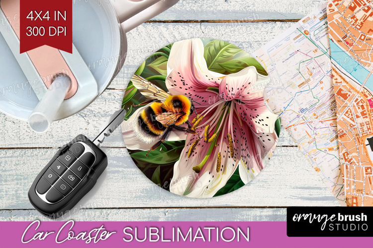 Bee Car Coaster - Watercolor Bee Coaster PNG Sublimation