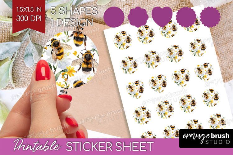Bee Round Sticker - Watercolor Bee Printable Sticker Sheet