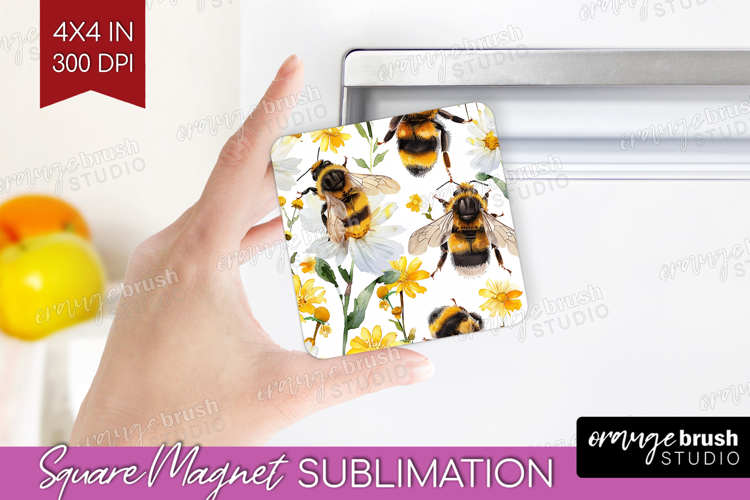 Bee Magnet Sublimation - Watercolor Bee Square Magnet PNG