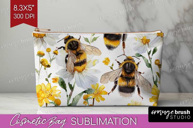Bee Cosmetic Bag - Watercolor Bee Makeup Bag PNG Sublimation