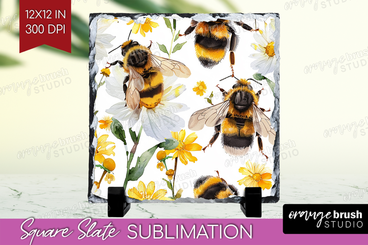 Bee Slate PNG - Watercolor Bee Square Slate Sublimation