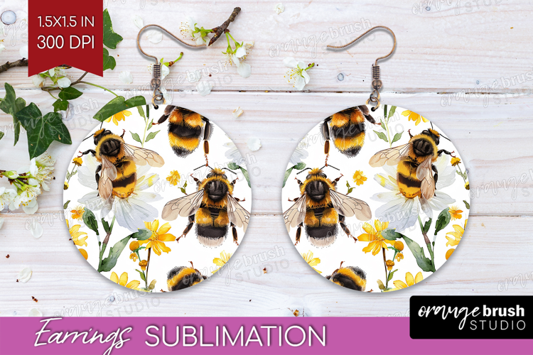 Bee Round Earrings - Watercolor Bee PNG Sublimation
