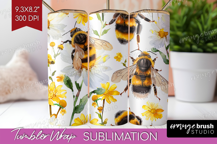 Bee Tumbler Wrap - Watercolor Bee Tumbler PNG Sublimation