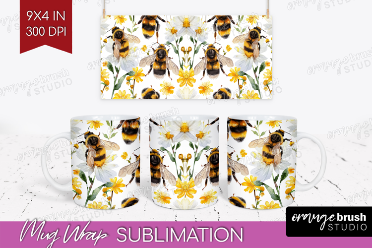 Bee Mug Wrap - Watercolor Bee Mug PNG Sublimation