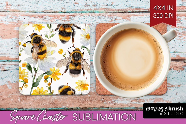 Bee Square Coaster - Watercolor Bee Coaster PNG Sublimation
