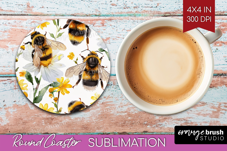 Bee Round Coaster - Watercolor Bee Coaster PNG Sublimation