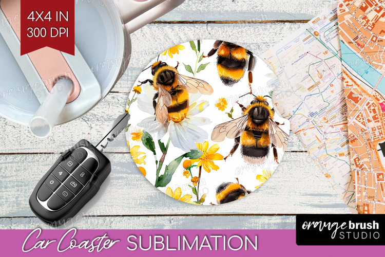 Bee Car Coaster - Watercolor Bee Coaster PNG Sublimation